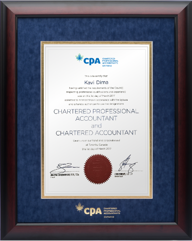 Satin mahogany frame with blue velvet and gold double mat board for VERTICAL CPA-CA Ontario designation